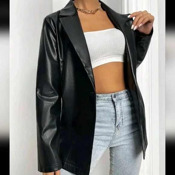 Lapel Collar Single Button PU Leather Blazer - Picture 4 of 6